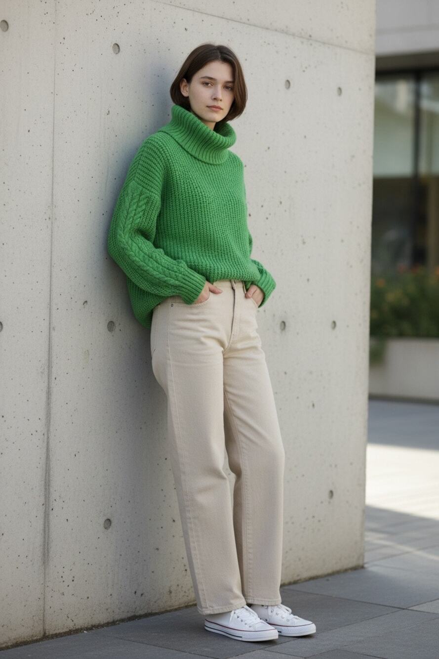 Something Navy Women Green Turtleneck Sweater Size Medium Knit Pullover